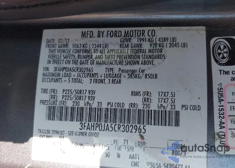 2012 Ford Fusion Sel from USA, damaged, VIN 3FAHP0JA5CR302965